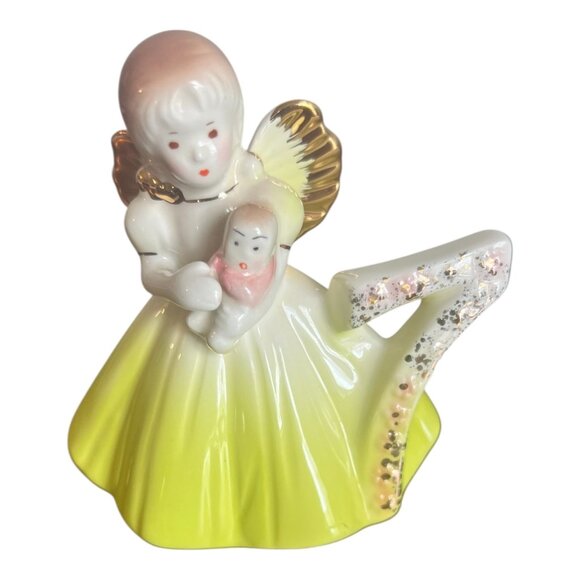 Vintage Joseph Original Ceramic Angel Figurine yellow Gold Glitter 7th Birthday - Picture 1 of 7